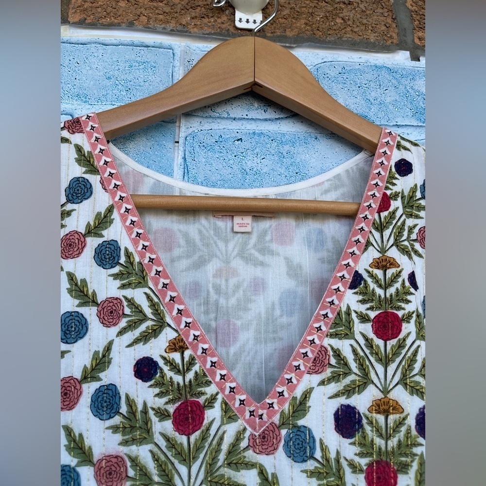Pink chicken metallic tassel rose prints dress size large - Picture 4 of 16